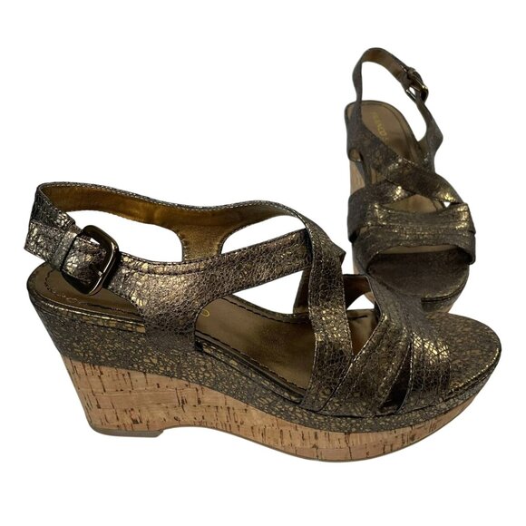 Franco Sarto Wedge Sandal Womens 8.5 Heels Shoes Metallic Leather Upper L-Grace - Picture 1 of 11